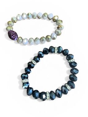 Hand Crafted Iridescent & Black Crystal Stretch Bracelet Set with Purple Accent